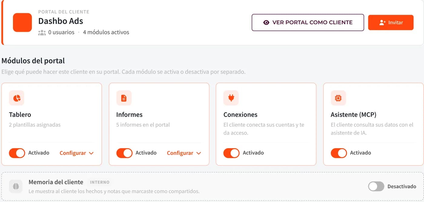 Configuración del portal de un cliente: tablero, informes, conexiones y asistente se activan por separado, y la memoria del cliente se comparte sólo si la activas