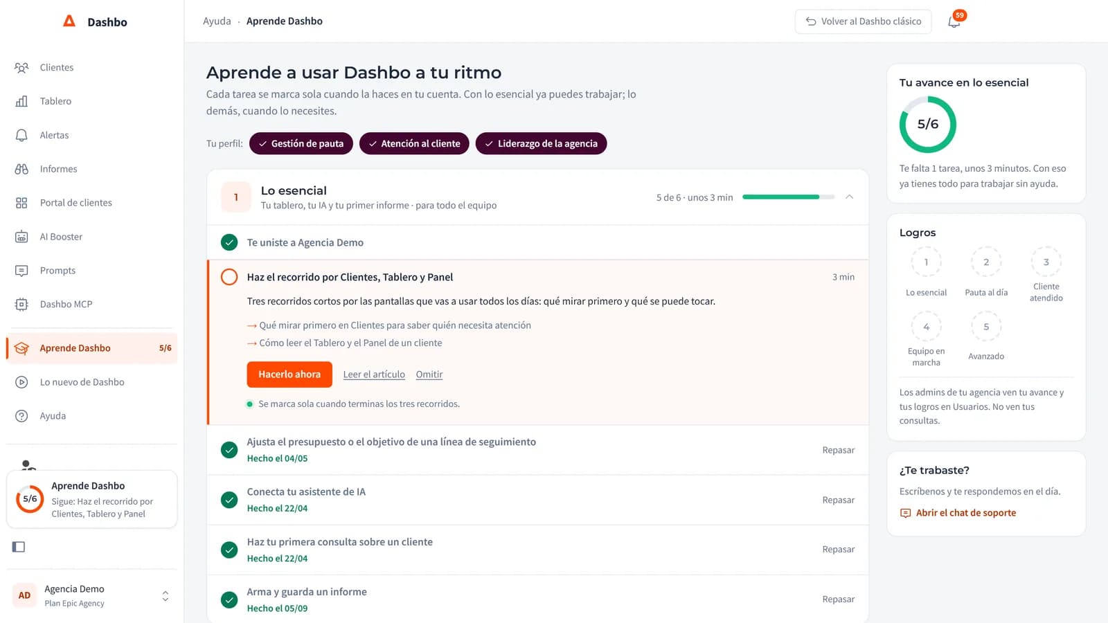 Aprende Dashbo: las tareas de lo esencial, con las que ya están hechas marcadas solas